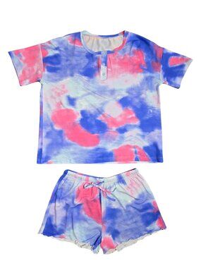 NWOT | Blue Pink Tie Dye 2 Piece Lounge Set Button Henley Lettuce Edge Hem | Lar